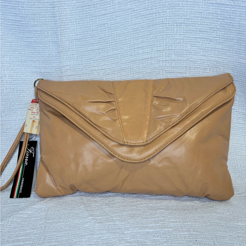 Rare 8Os Vintage Faux-Leather Tan Foldover Wristlet Clutch NOS